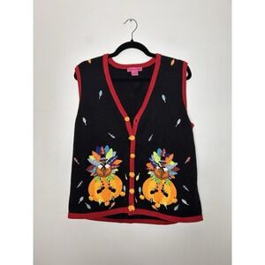 Bobbie Bell Thanksgiving Sweater Vest Turkey Pumpkin Grandma Core Vtg Y2K Large